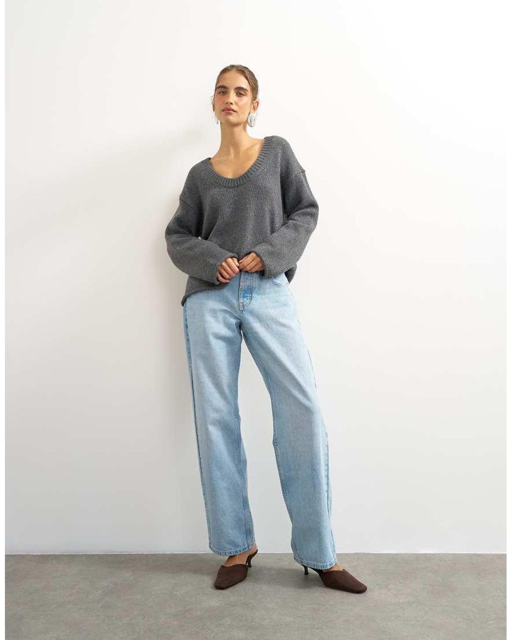 TOPSHOP Gray Knitted Scoop Neck Jumper