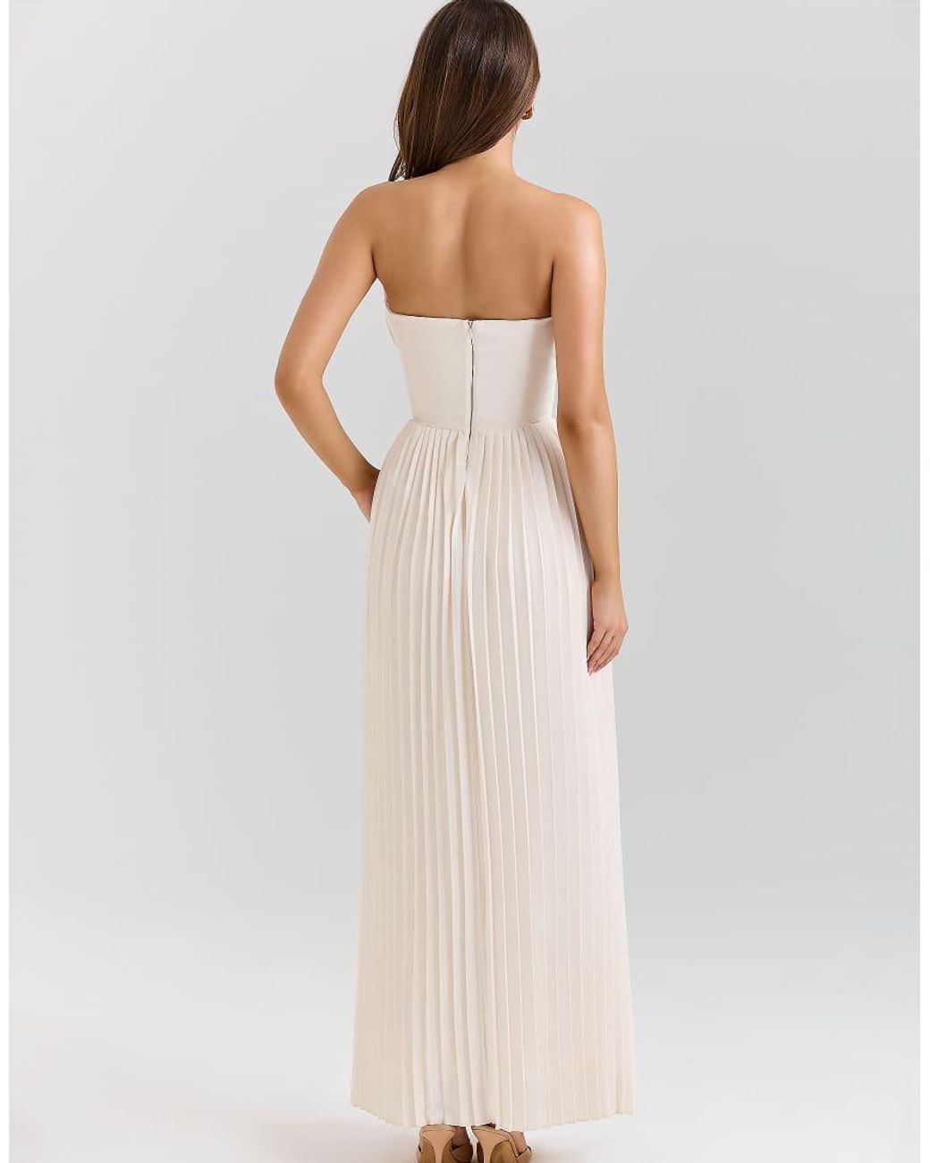 House Of Cb Natural Marcella Ivory Georgette Pleated Maxi Dress