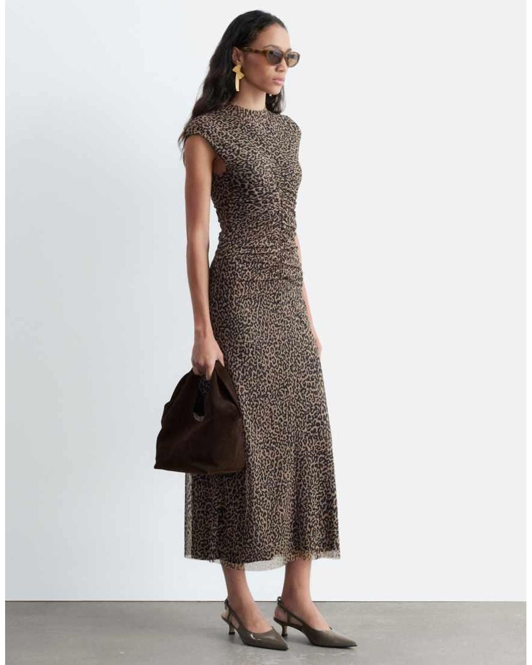 & Other Stories Brown High Neck Mesh Midi Dress With Ruche Detail