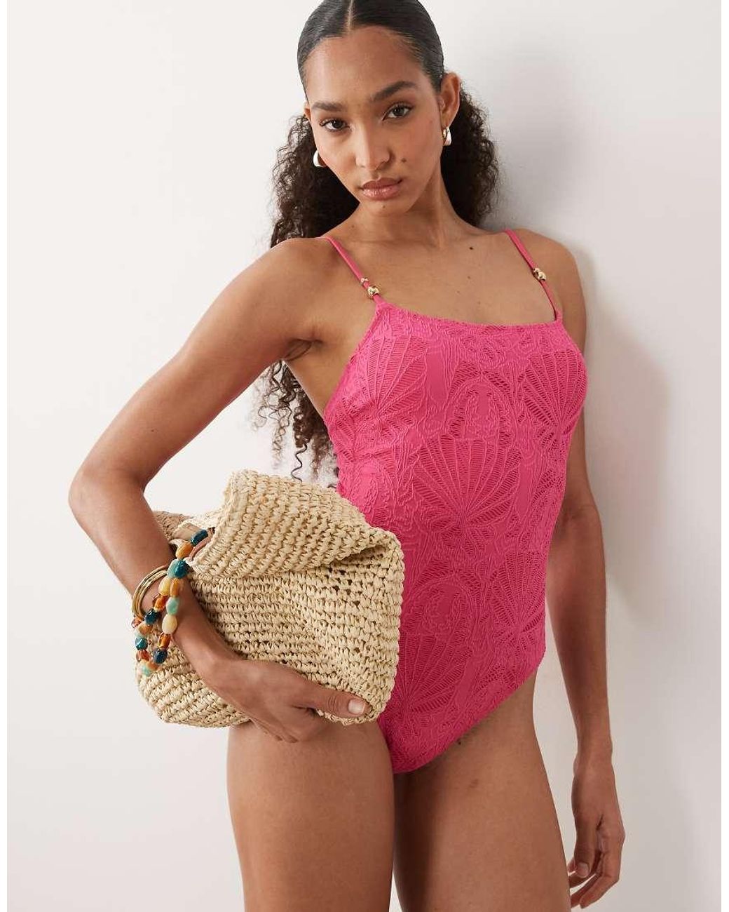 New Look Pink Crochet Ruched Side Swimsuit