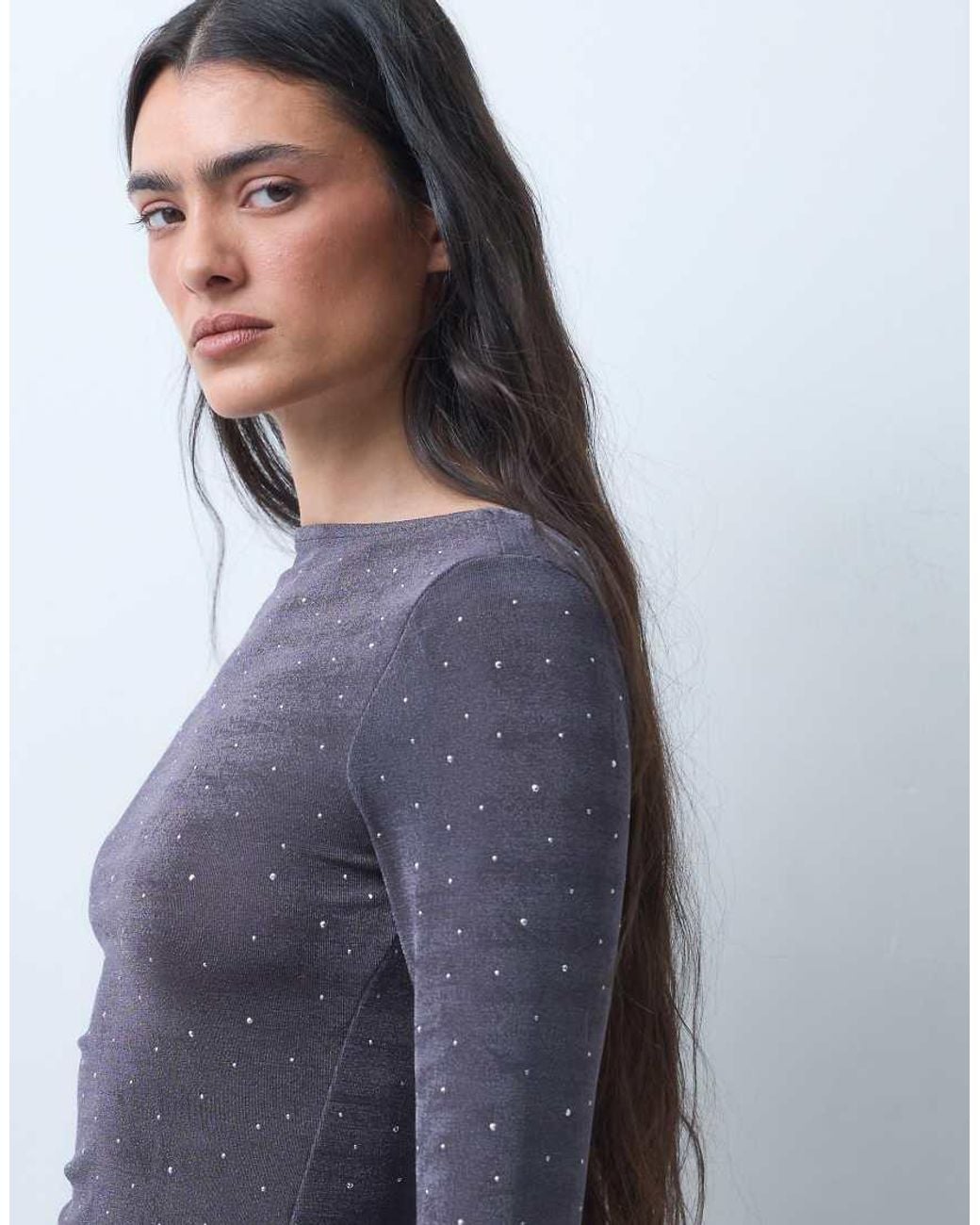 Monki Blue Long Sleeve Boatneck Mini Dress With Studs