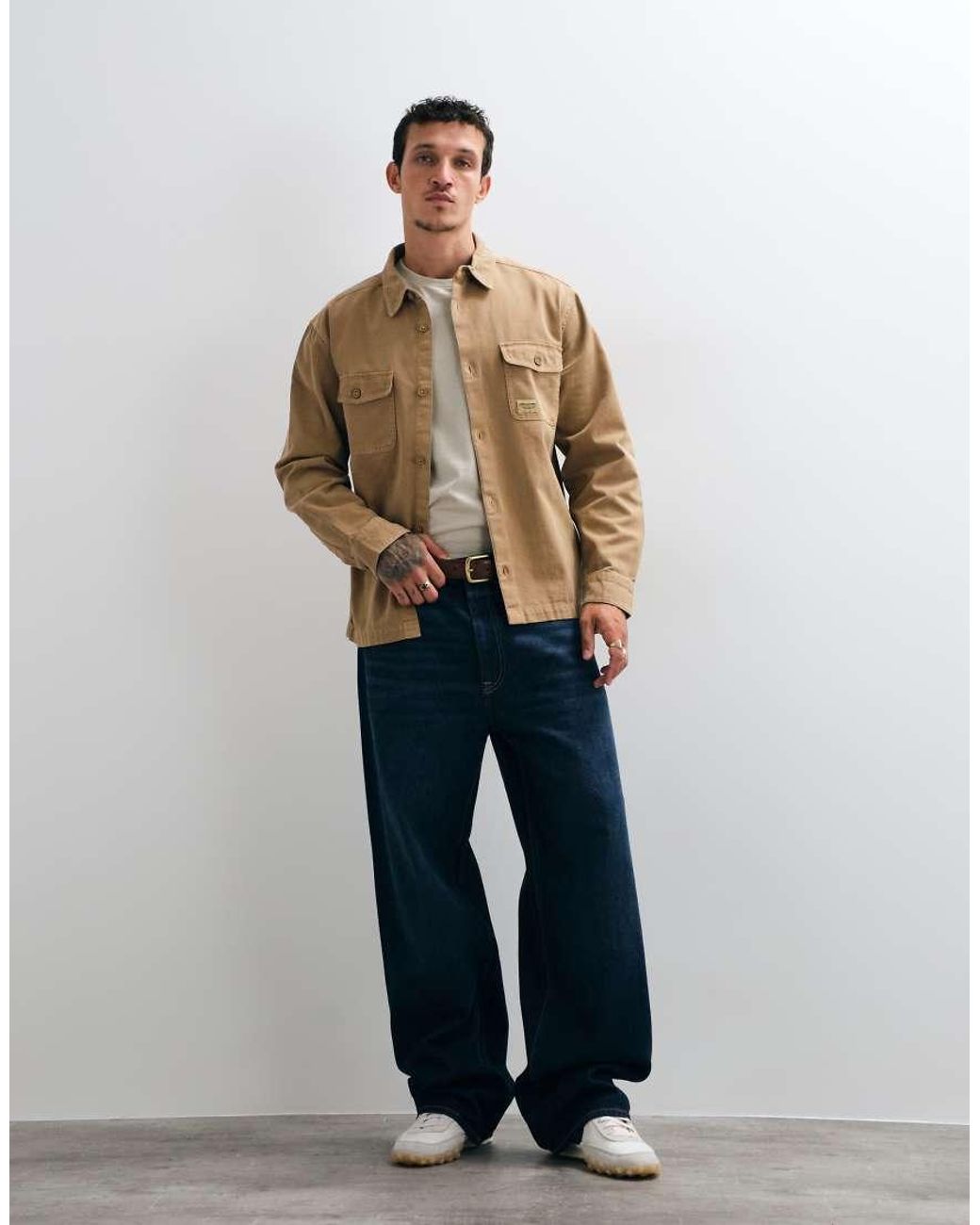 ASOS Natural Cotton Twill Overshirt With Badge for men