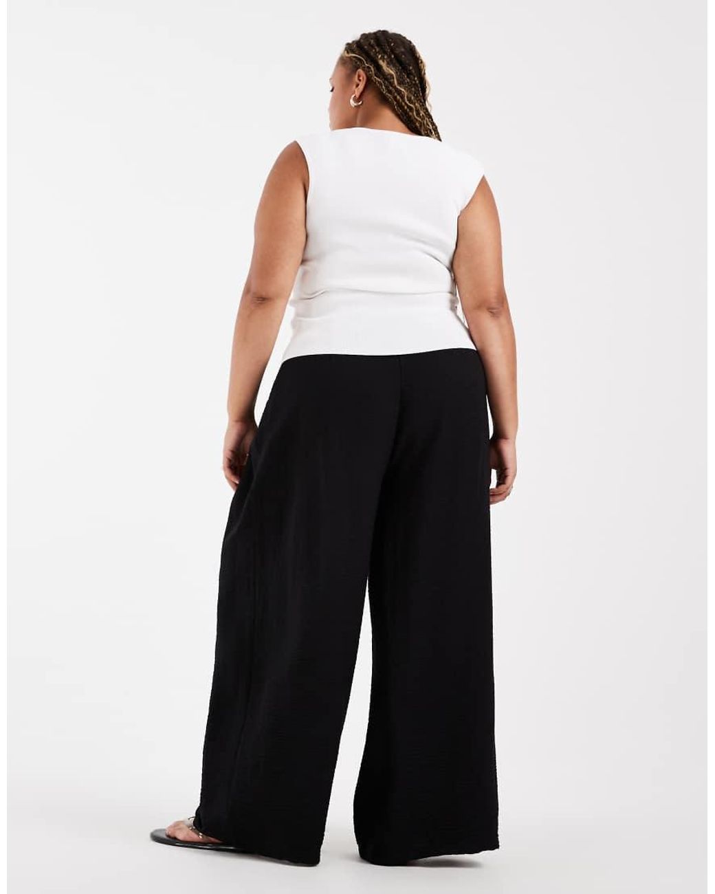ASOS Black Asos Design Curve Textured Wide Leg Trousers With Tie Waist