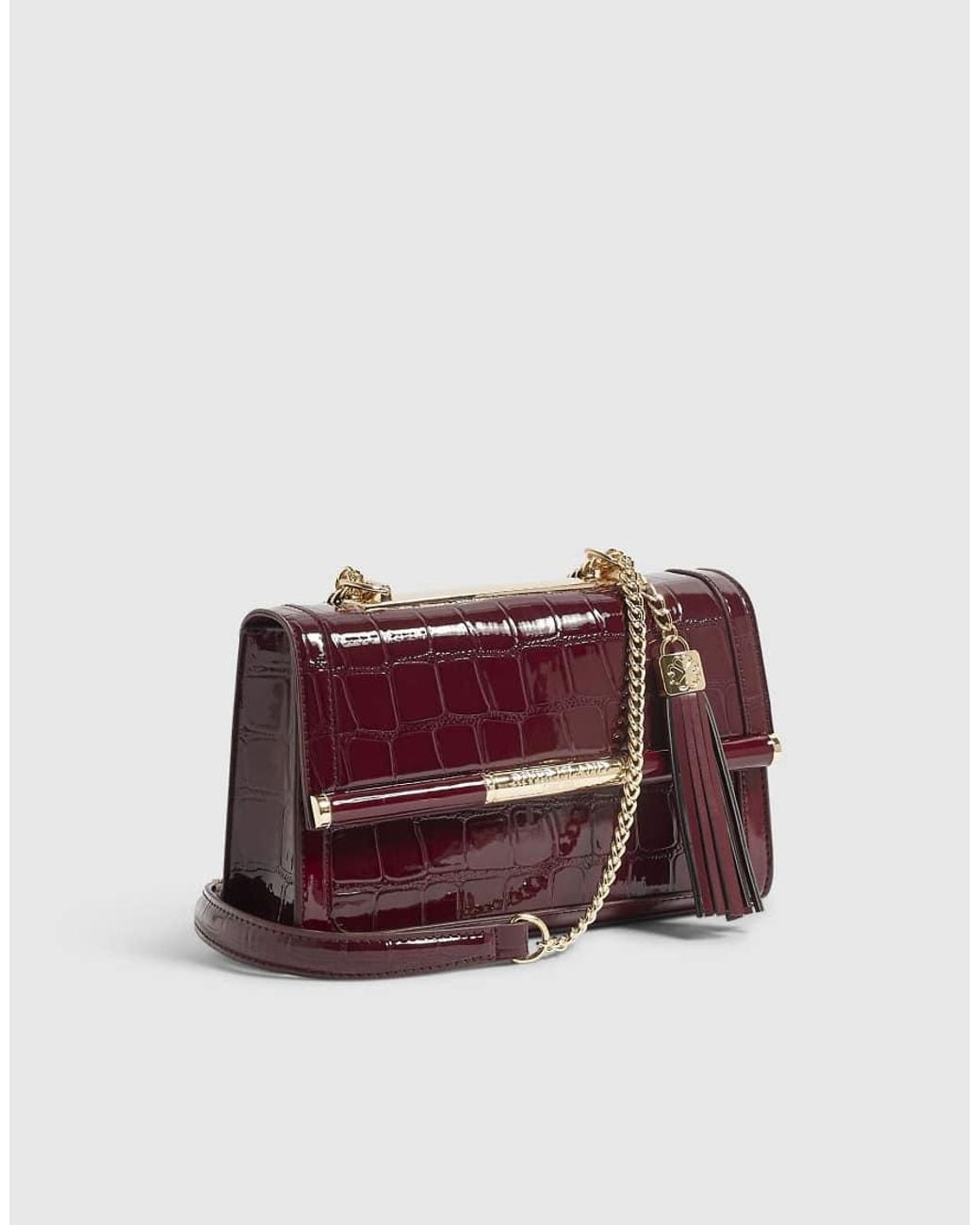River Island Blue Burgundy Croc Bar Front Panel Shoulder Bag