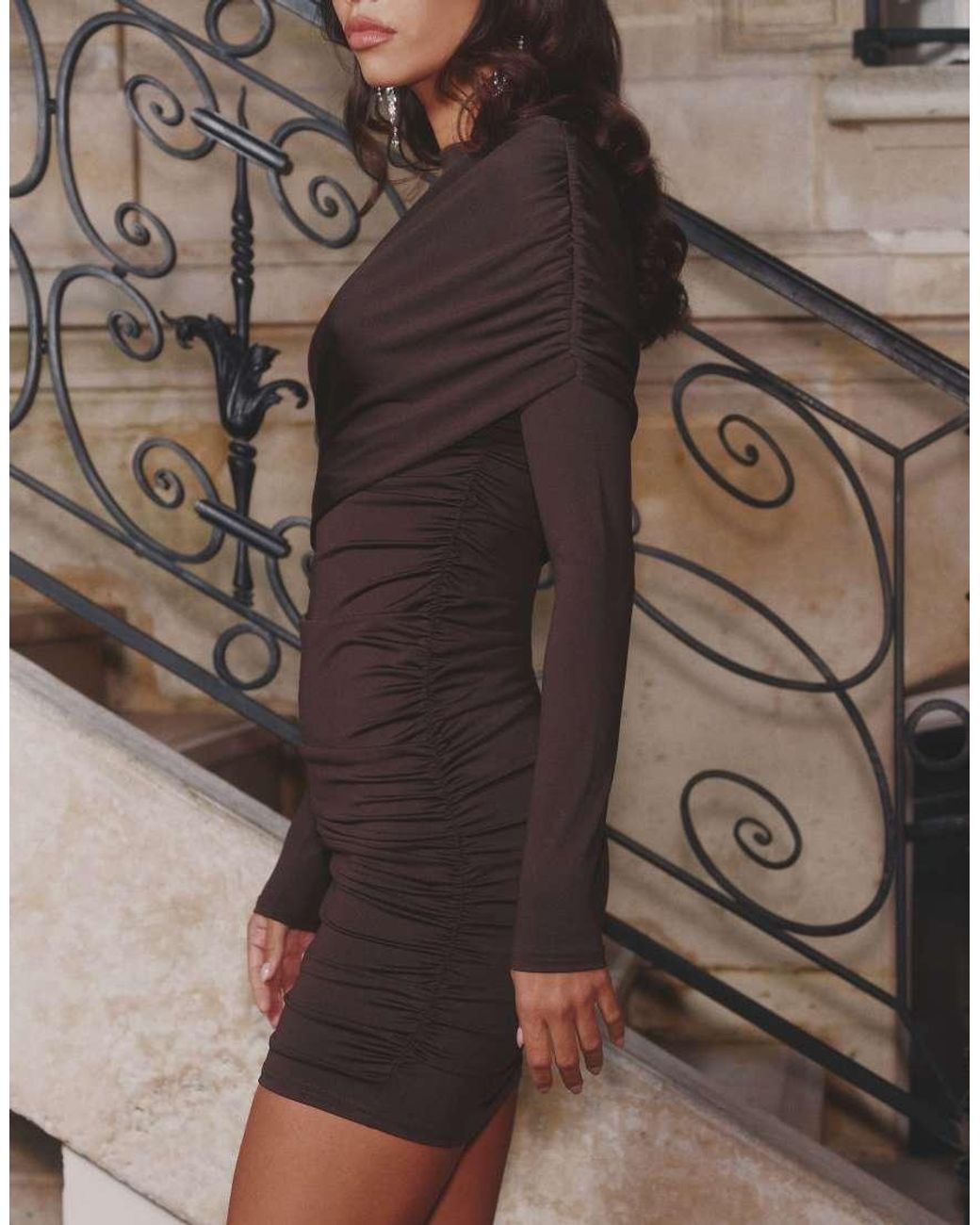 4th & Reckless Black Slinky Ruched Wrap Shoulder Detail Mini Dress