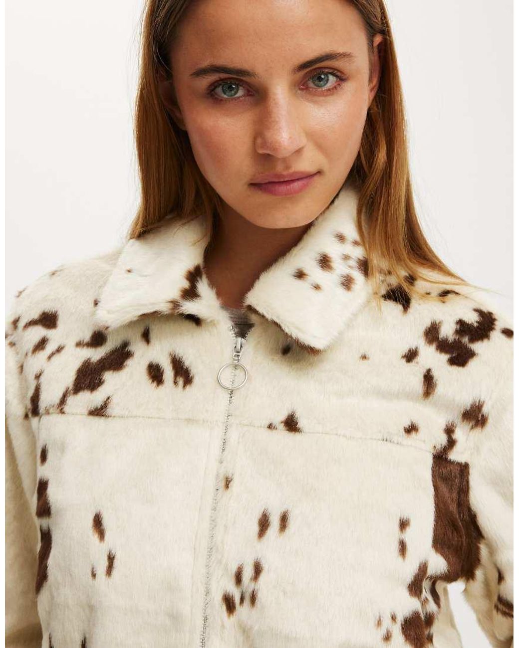 Cotton On Natural Cow Faux Fur Jacket