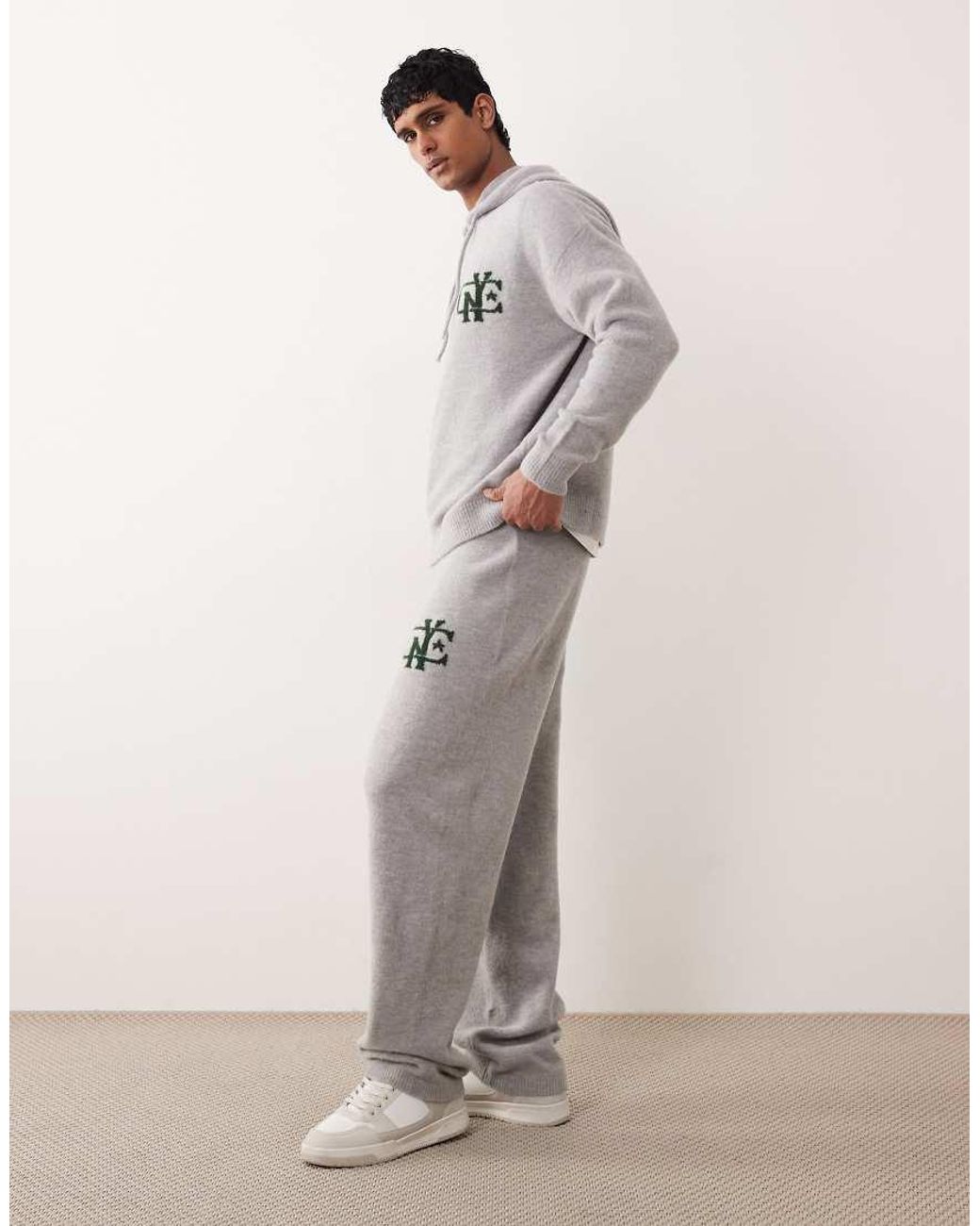 ASOS Gray Oversized Knitted Cuffed Trackies With Nyc Chest Logo for men