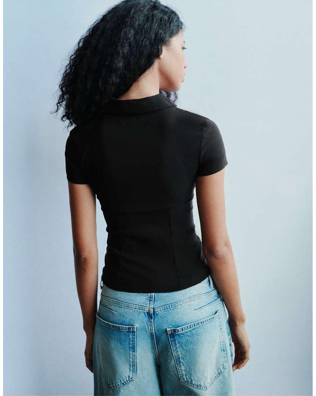 Pull&Bear Blue Short Sleeve Cut-out Top