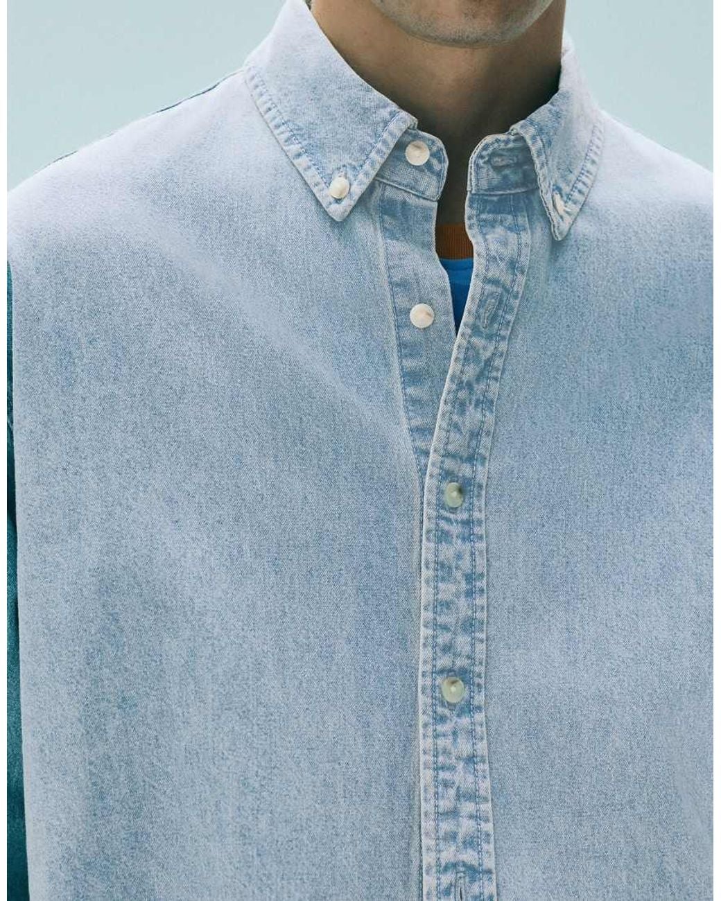 Pull&Bear Blue Long Sleeve Denim Shirt for men