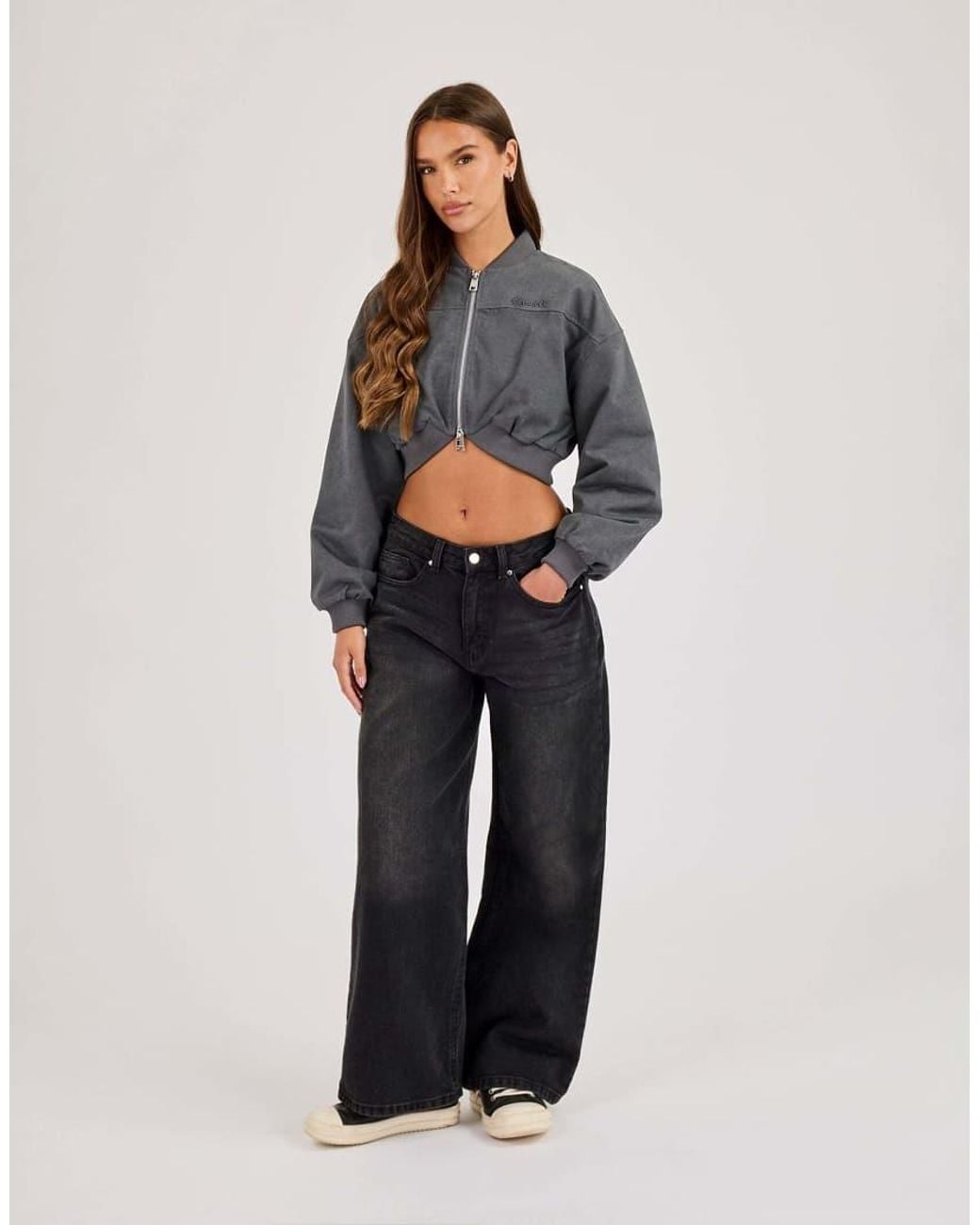 CERNUCCI Gray Curved Hem Cropped Bomber Jacket