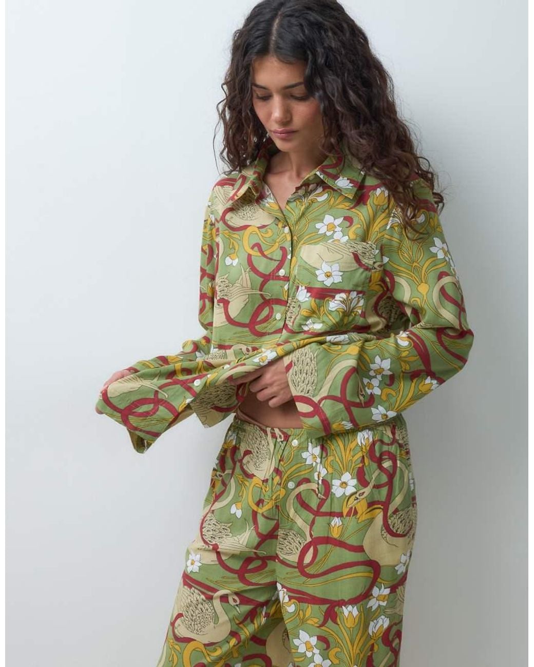 ASOS Green Woven Modal Long Sleeve Pyjama Set