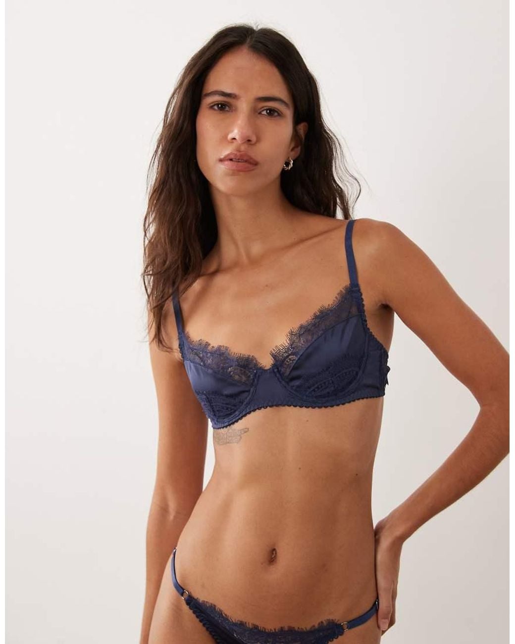 KAT THE LABEL Blue Rae Satin Lace Underwired Bra