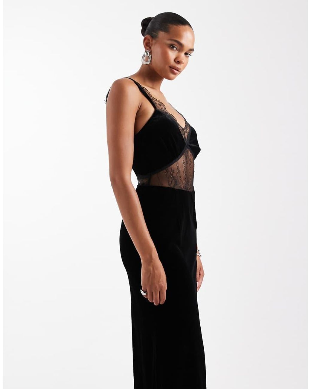 Never Fully Dressed Black Velvet Lace Insert Maxi Dress