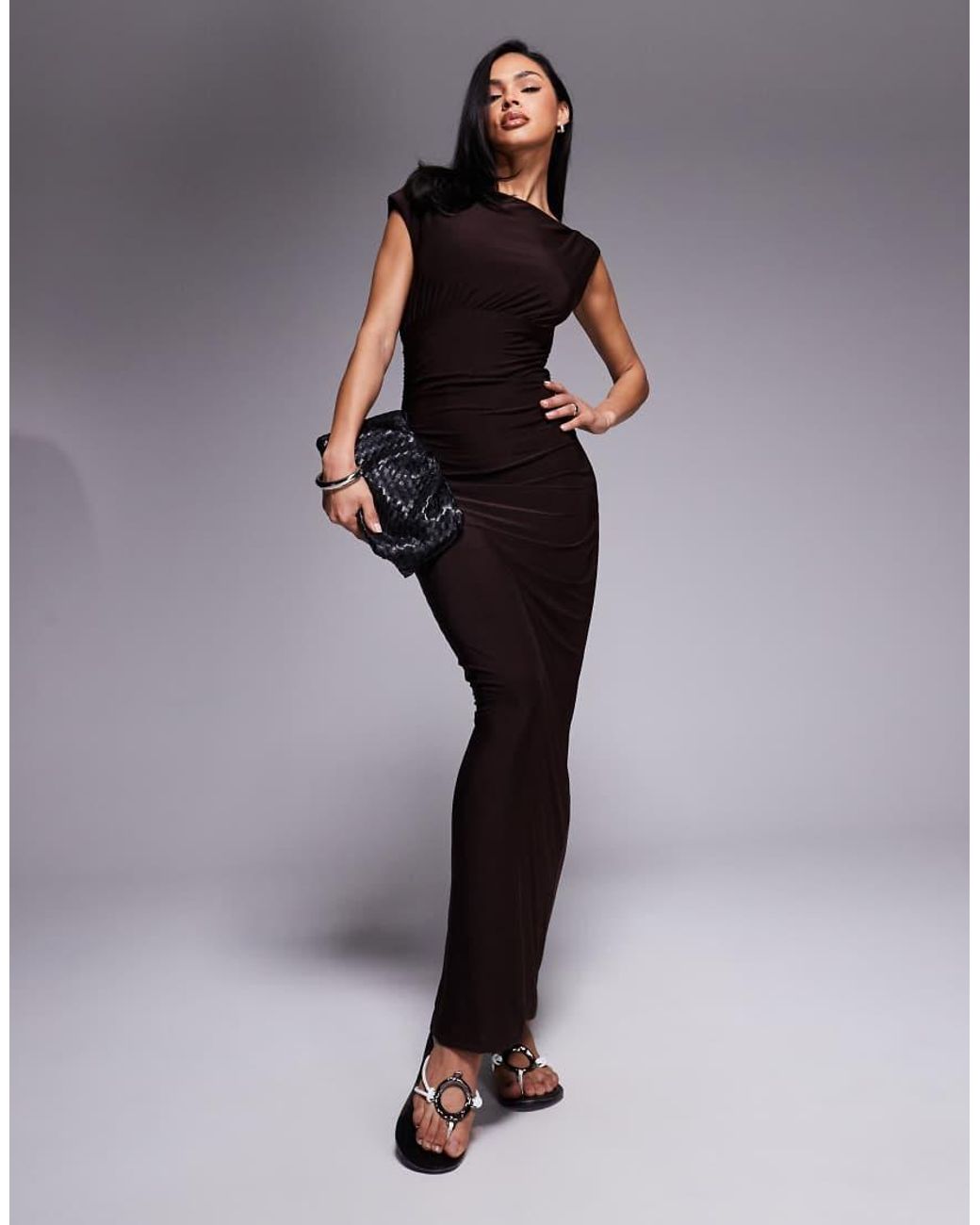Fashionkilla Blue Exclusive Double Sculpted Slinky Sleeveless Asymmetric Neck Ruched Bodycon Maxi Dress