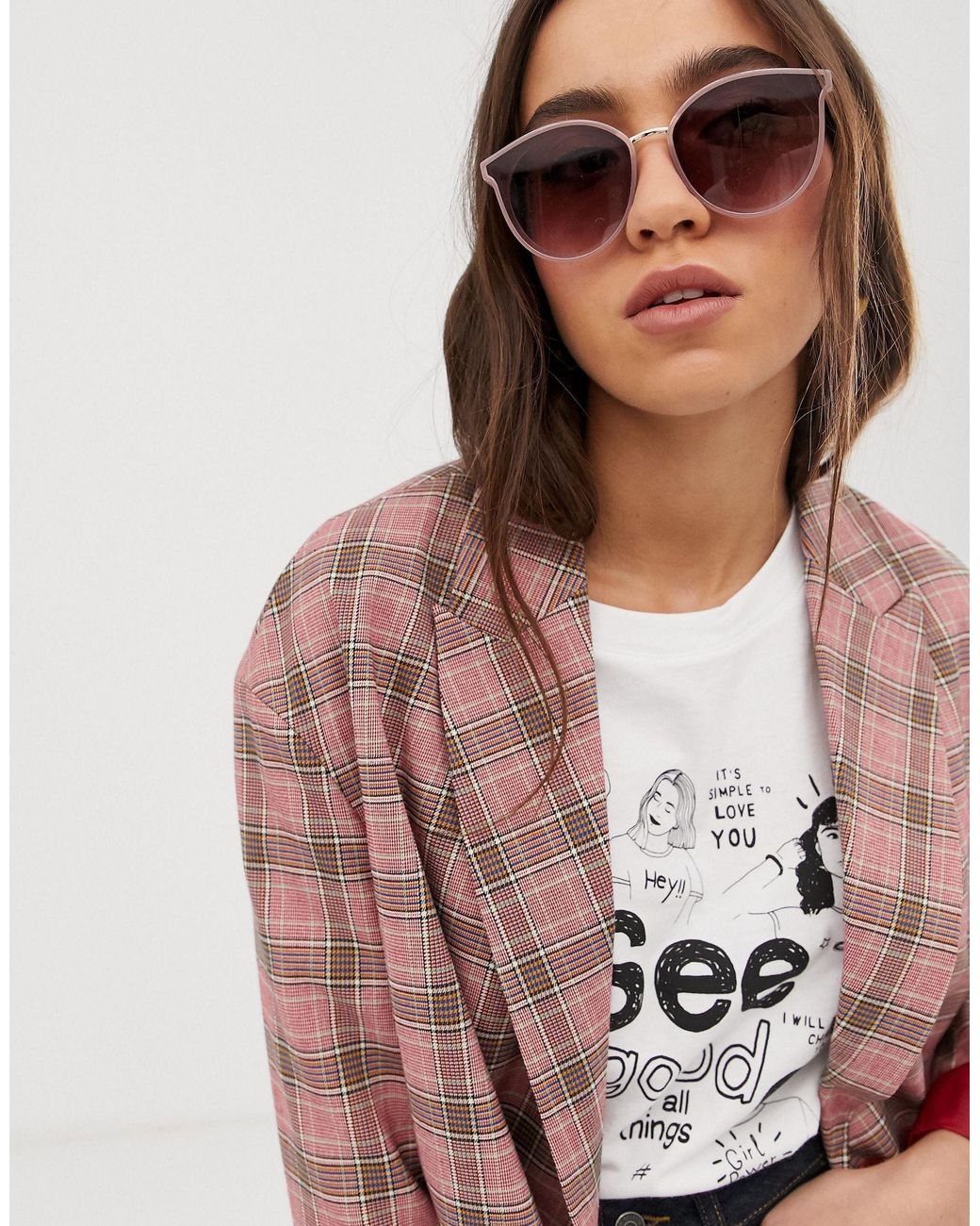 Stradivarius Check Blazer in Pink Lyst