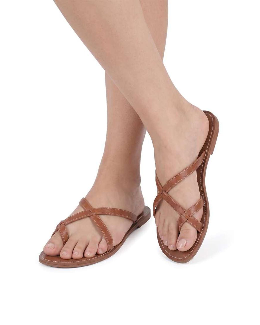 SEQWL Wide Fit Pink Strappy Flat Thong Slides Leather Look Minimalist Sandals