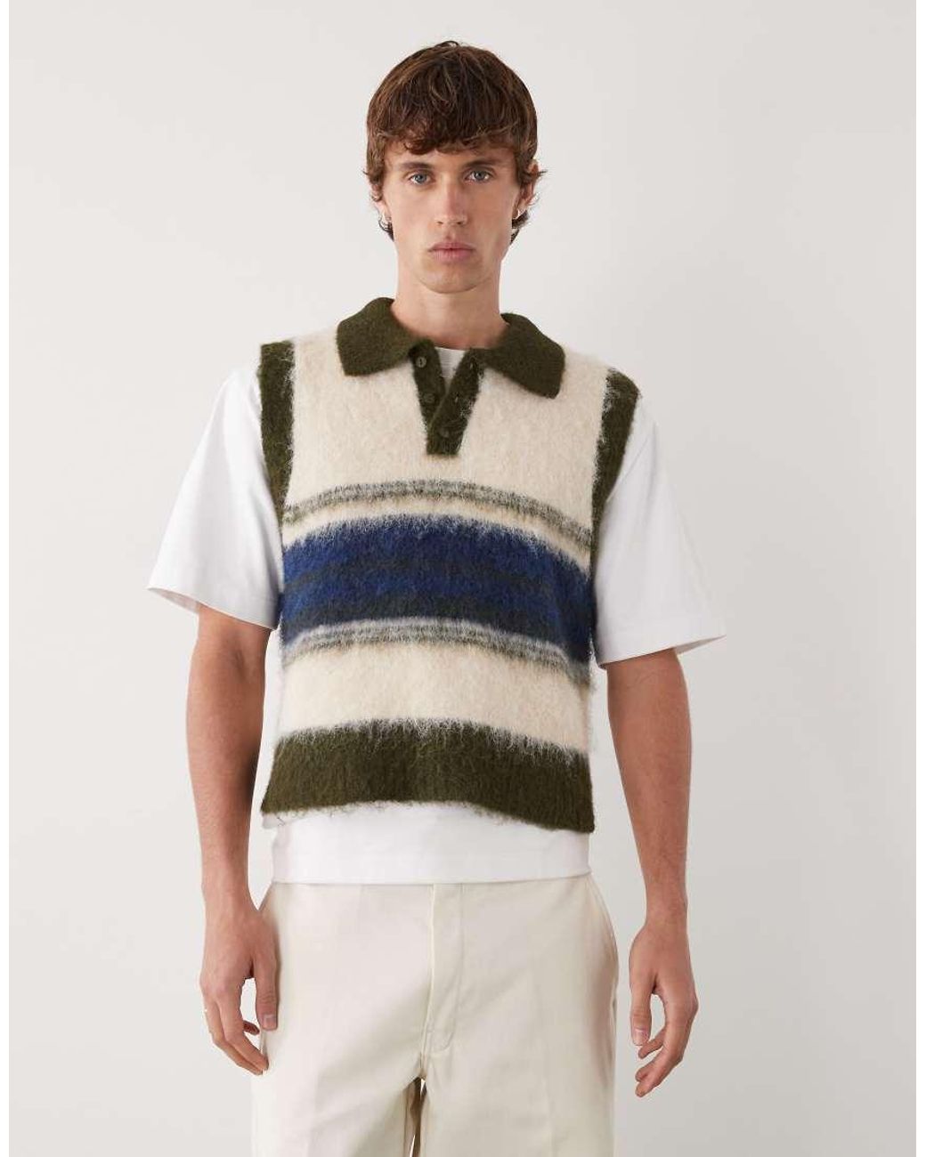 Reclaimed Vintage White Fluffy Knitted Tank With Collar Detail for men
