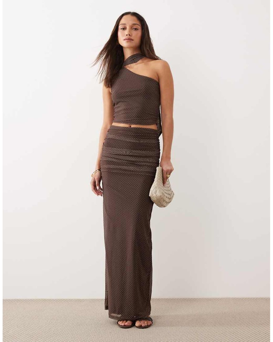 The Frolic Brown Exclusive Mesh Overlay Asymmetric Shoulder Scarf Wrap Around Detail Top Co-Ord
