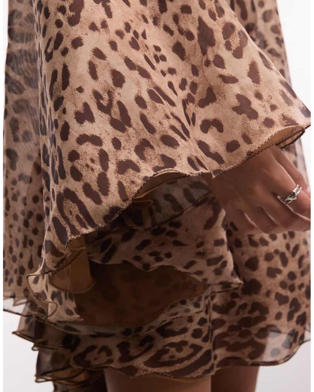 The Dolls House Brown Premium Chiffon Wide Bell Sleeve Deep Plunge Neck Mini Dress