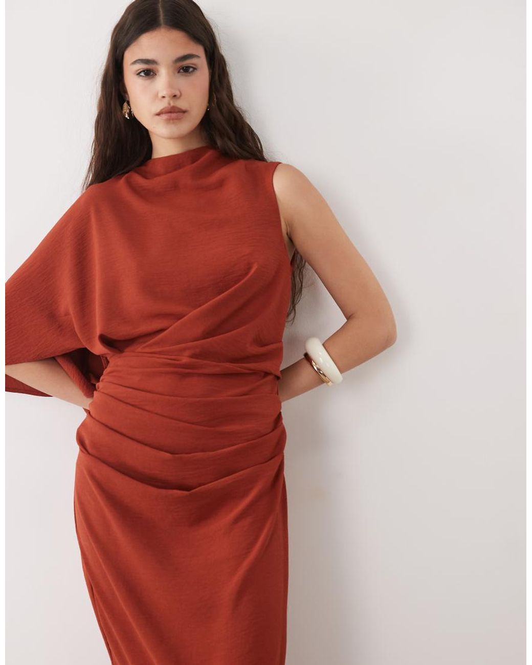 ASOS Brown One Sleeve Maxi Dress With Pleat Waist Detail