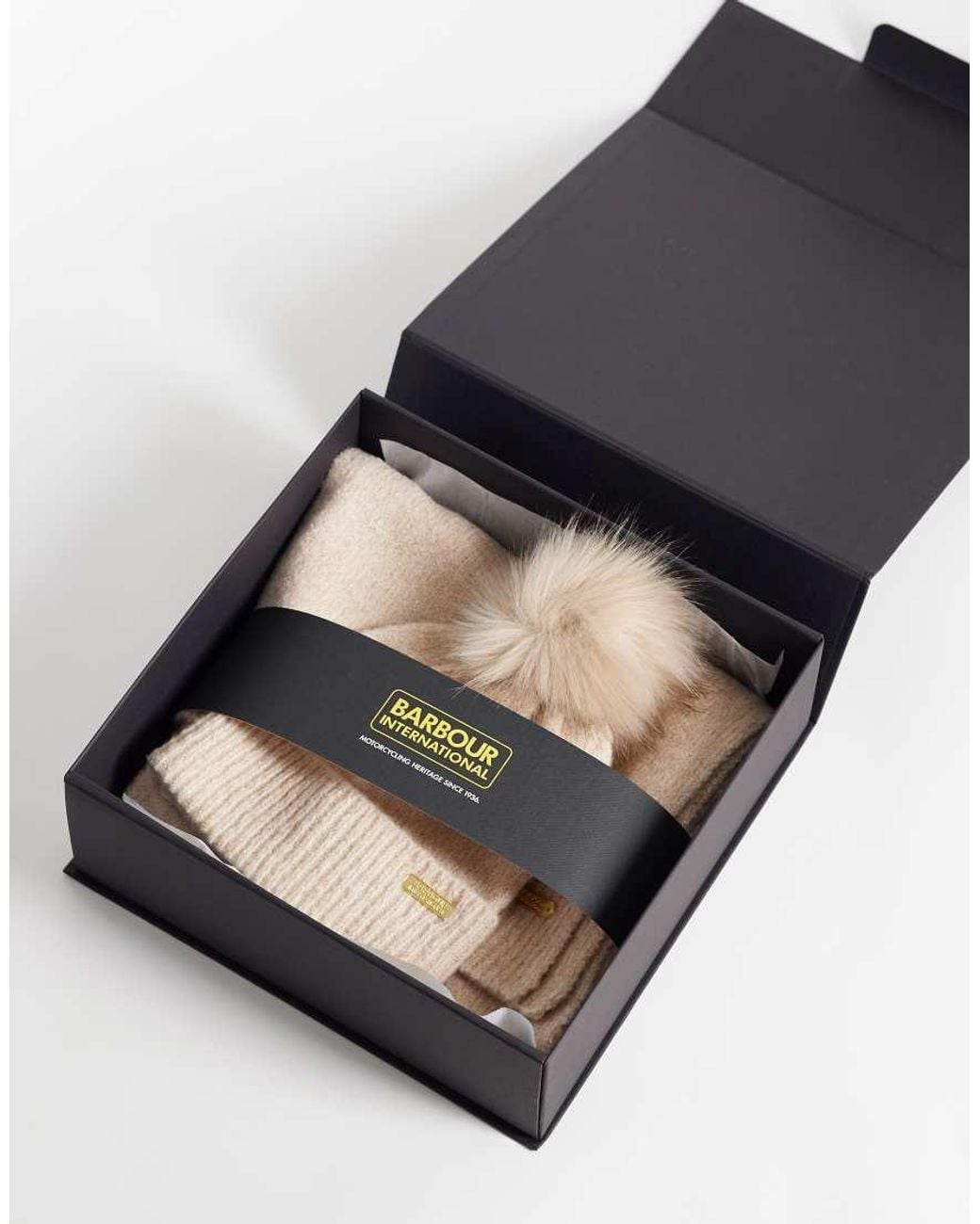 Barbour Natural Sparkle Acrylic Knitted Pom Pom Beanie And Scarf Gift Set