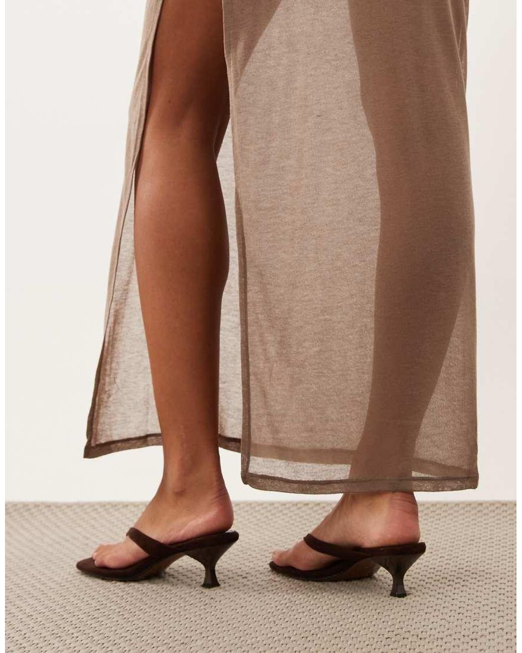 ASOS Natural Semi Sheer Knit Look Column Maxi Dress With Twist Bust Detail