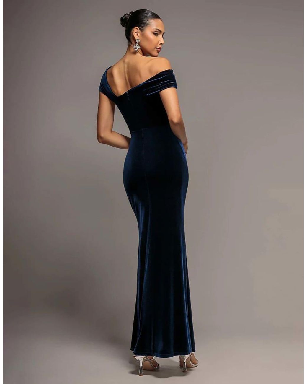 Goddiva Blue One Shoulder Velvet Maxi Dress