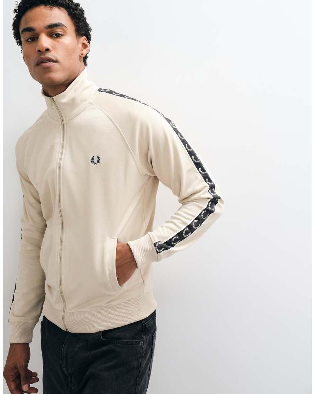 Fred Perry Natural Co-Ord Contrast Taped Zip Through Logo Track Jacket for men