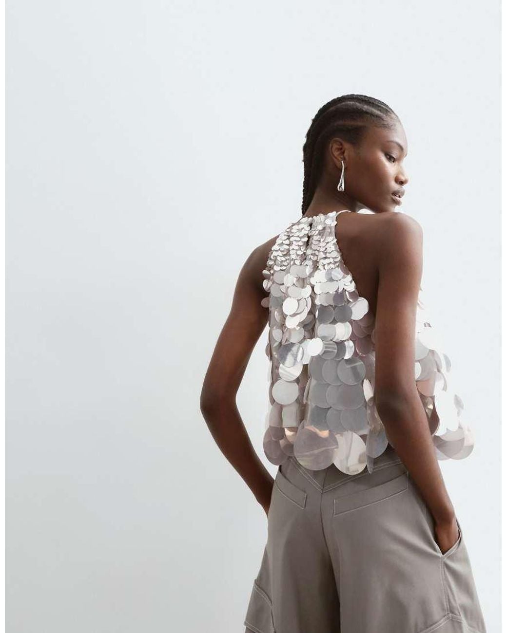 ARRANGE White Mirror Disc Sequin Trapeze Halter Top