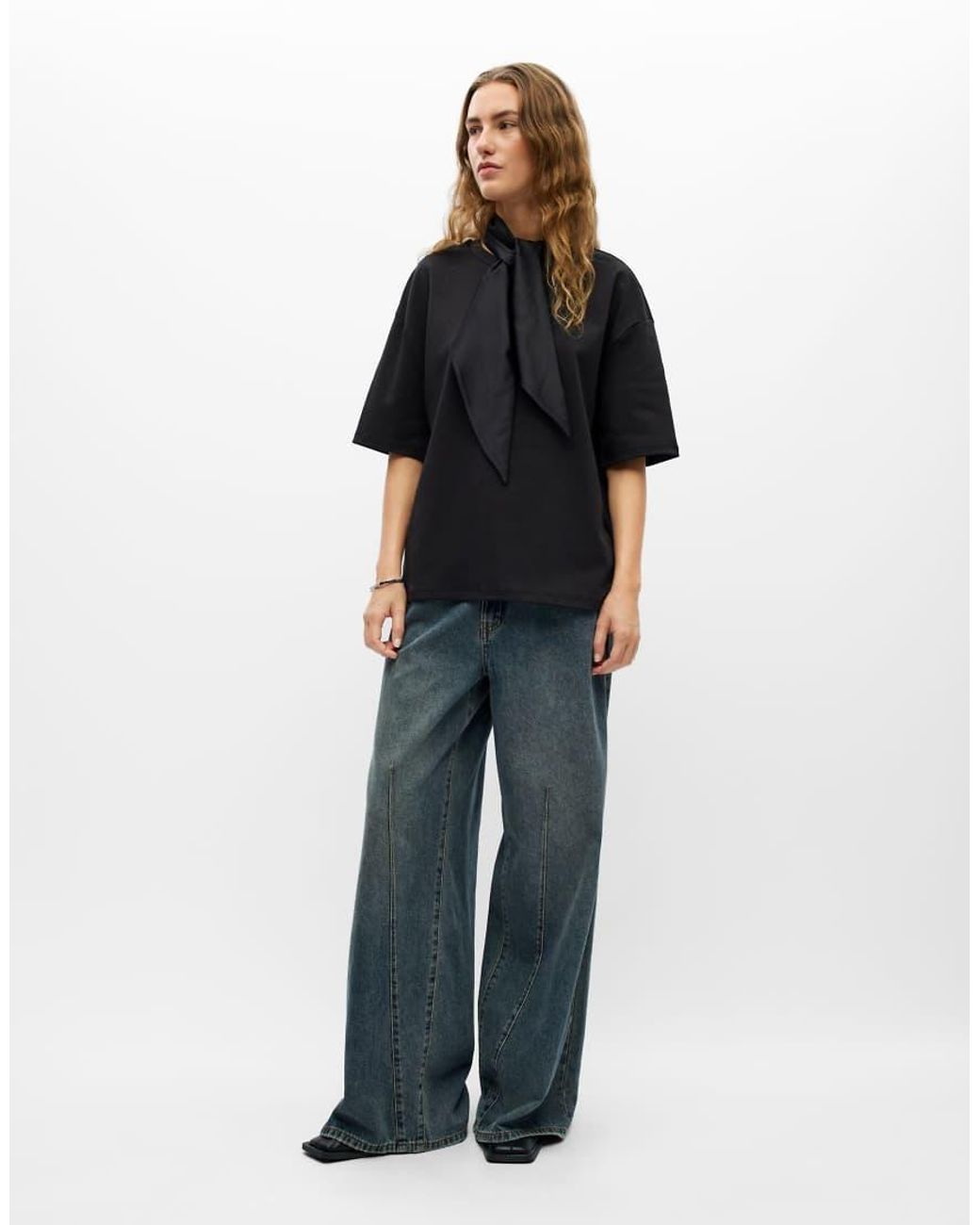 Object Black Tibi Jersey Oversized High Neck 2/4 Sleeves Stretch Drop Shoulder Top