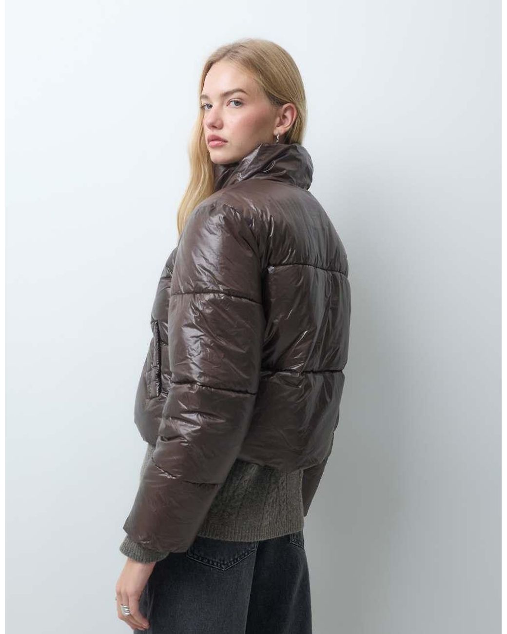 Pieces Gray Funnel Neck Short Padded Coat