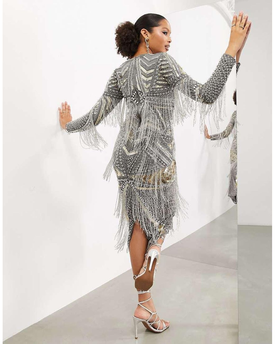 grey midi dress asos Beaded ASOS Statement Embellished Bodycon Dress With Beaded Fringe In Grey Lyst Asos design