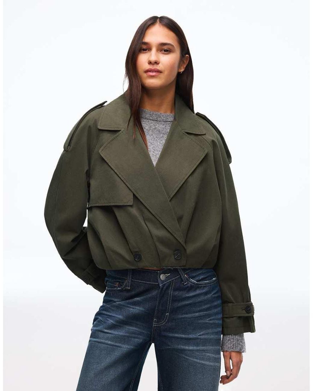 Bershka Green Short Balloon Trench Jacket