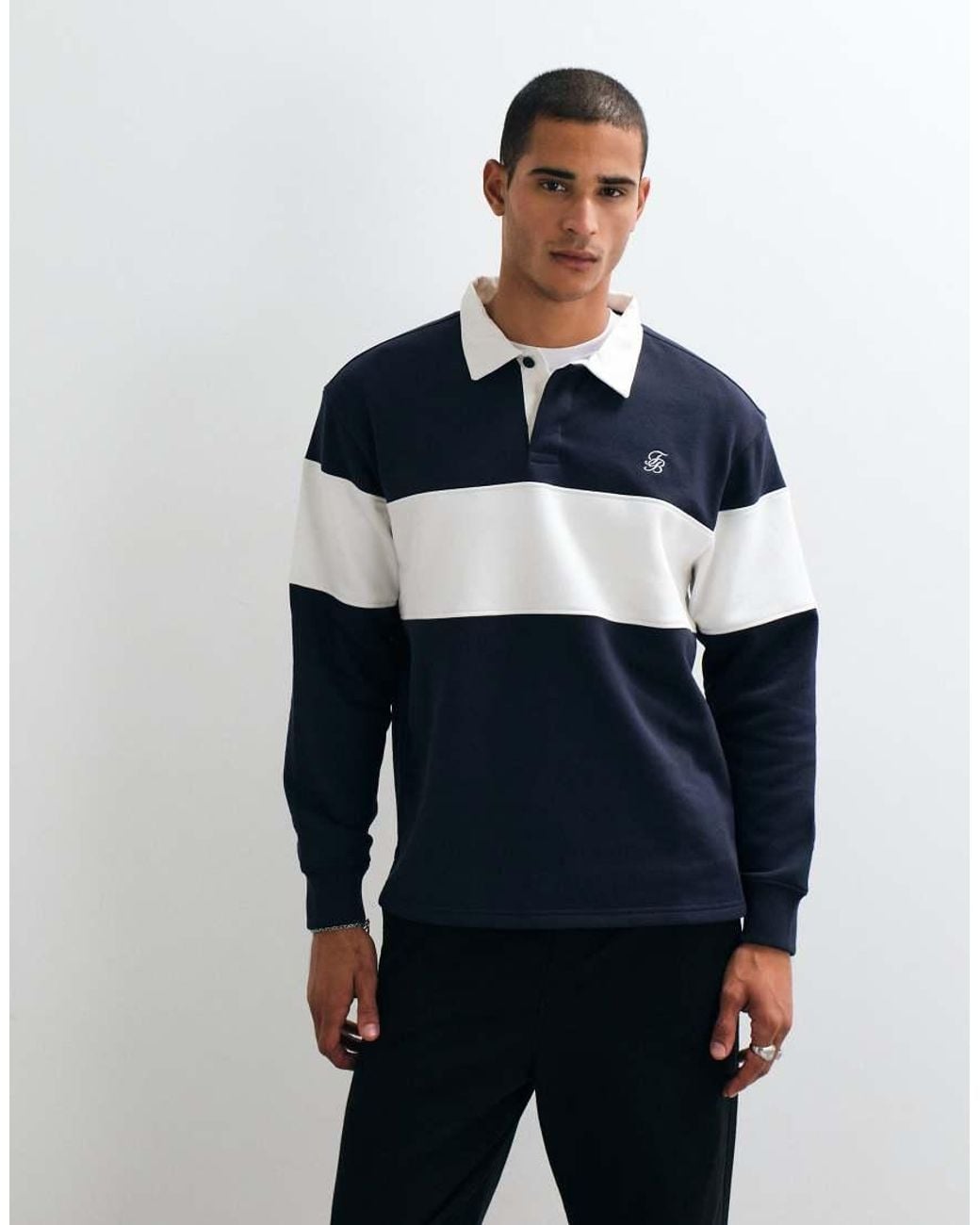Threadbare Blue Relaxed Fit Cotton Rich Rugby Polo for men