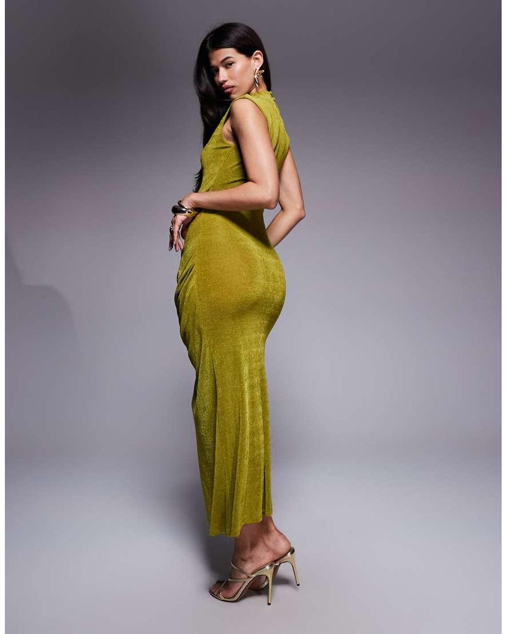 ASOS Green Textured Slinky Capped Sleeve Maxi Dress With Drape