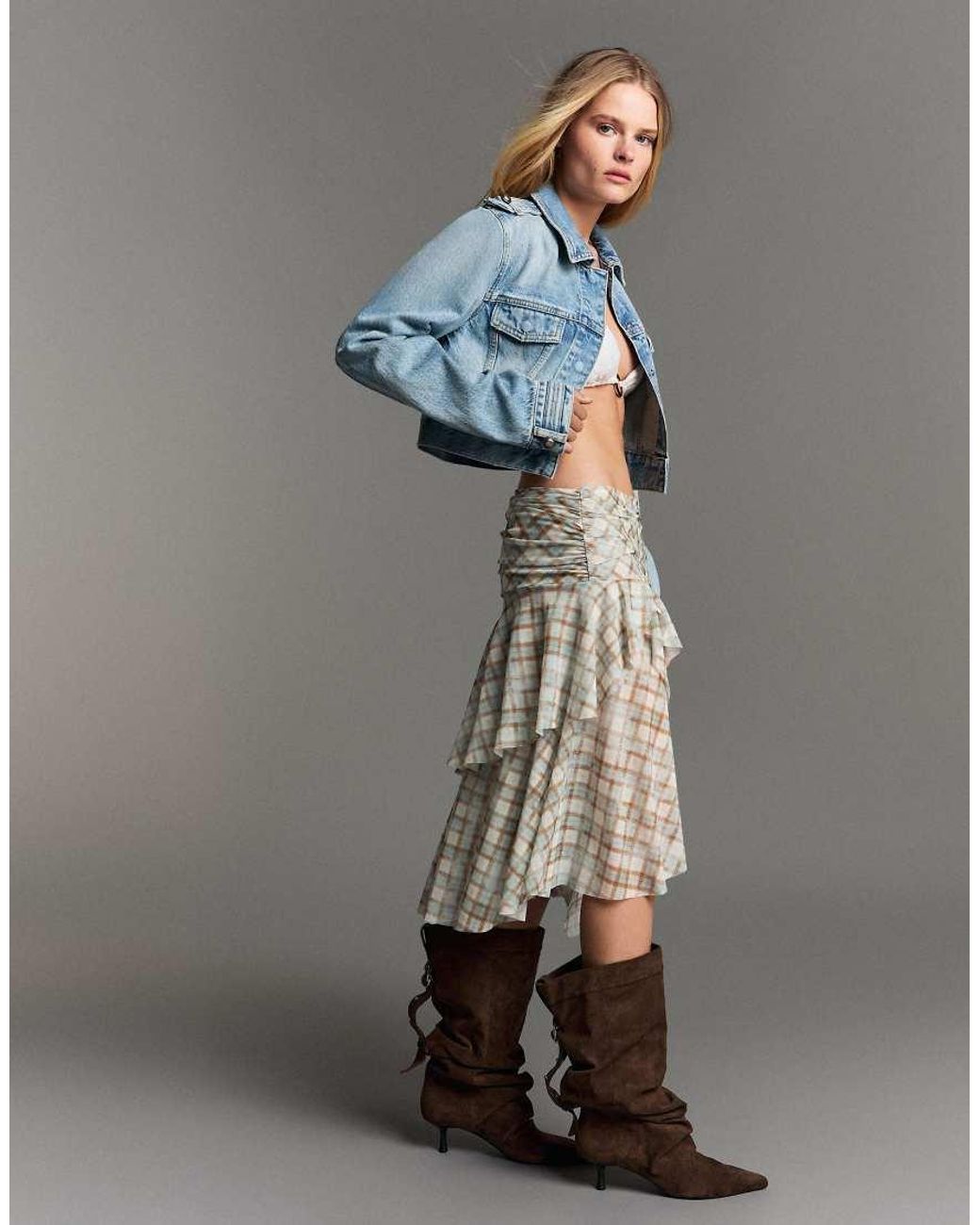 Bershka Gray Checked Midi Skirt