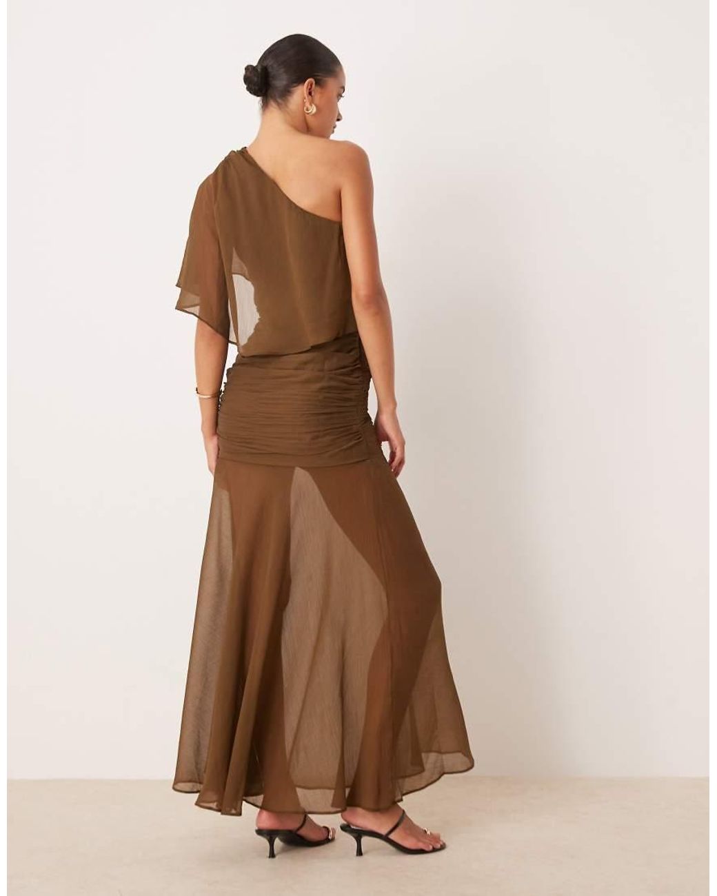 ASOS Brown Cape One Shoulder Ruched Bodice Maxi Dress