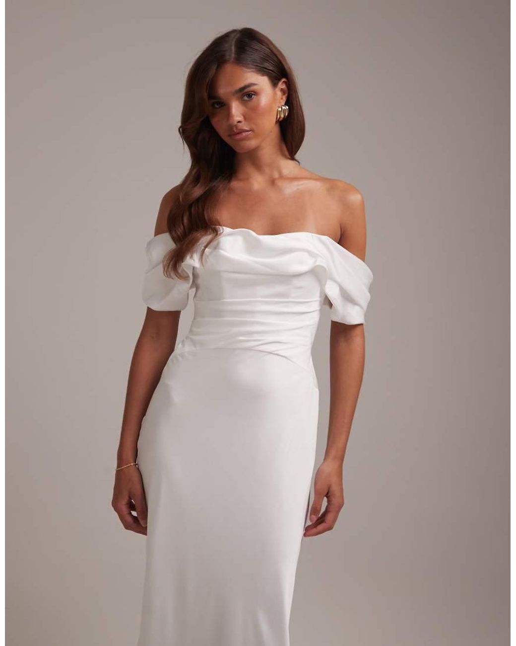 ASOS Brown Bardot Draped Satin Maxi Wedding Dress