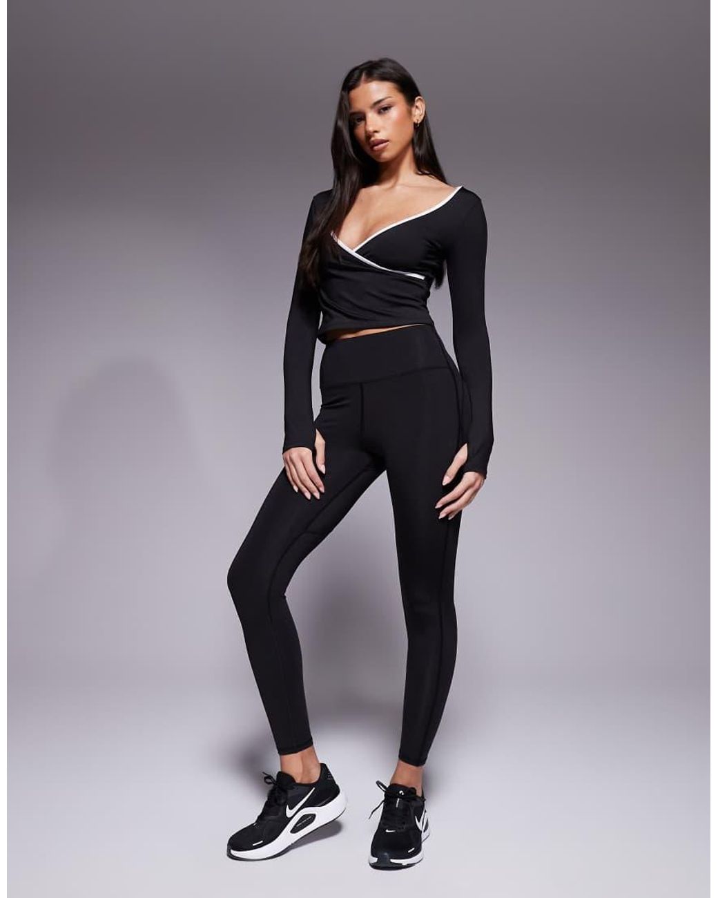 4505 Black Active Wrap V Neck Long Sleeve Top