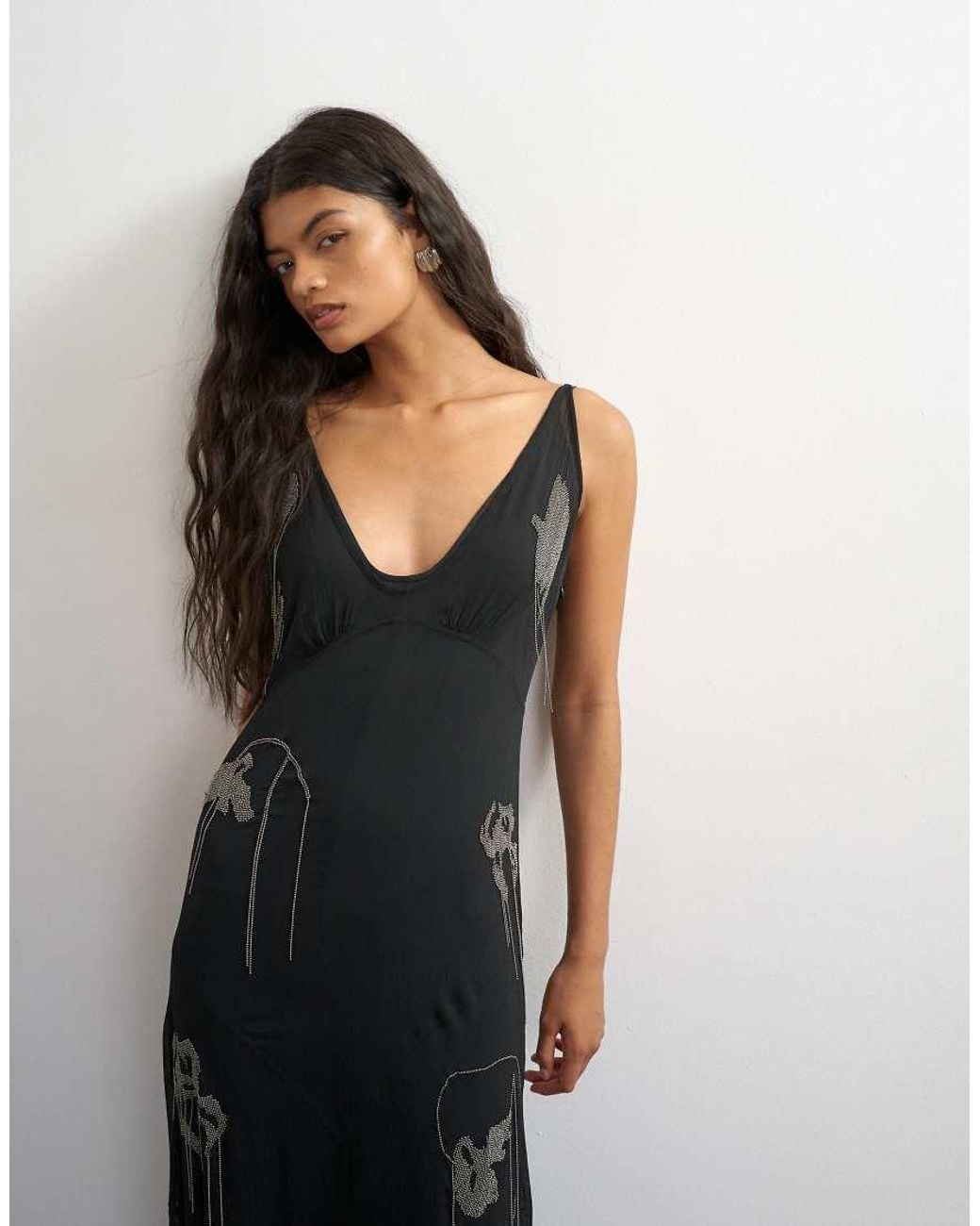TOPSHOP White Premium Plunge Neck Sheer Maxi Dress With Chain Embellishment