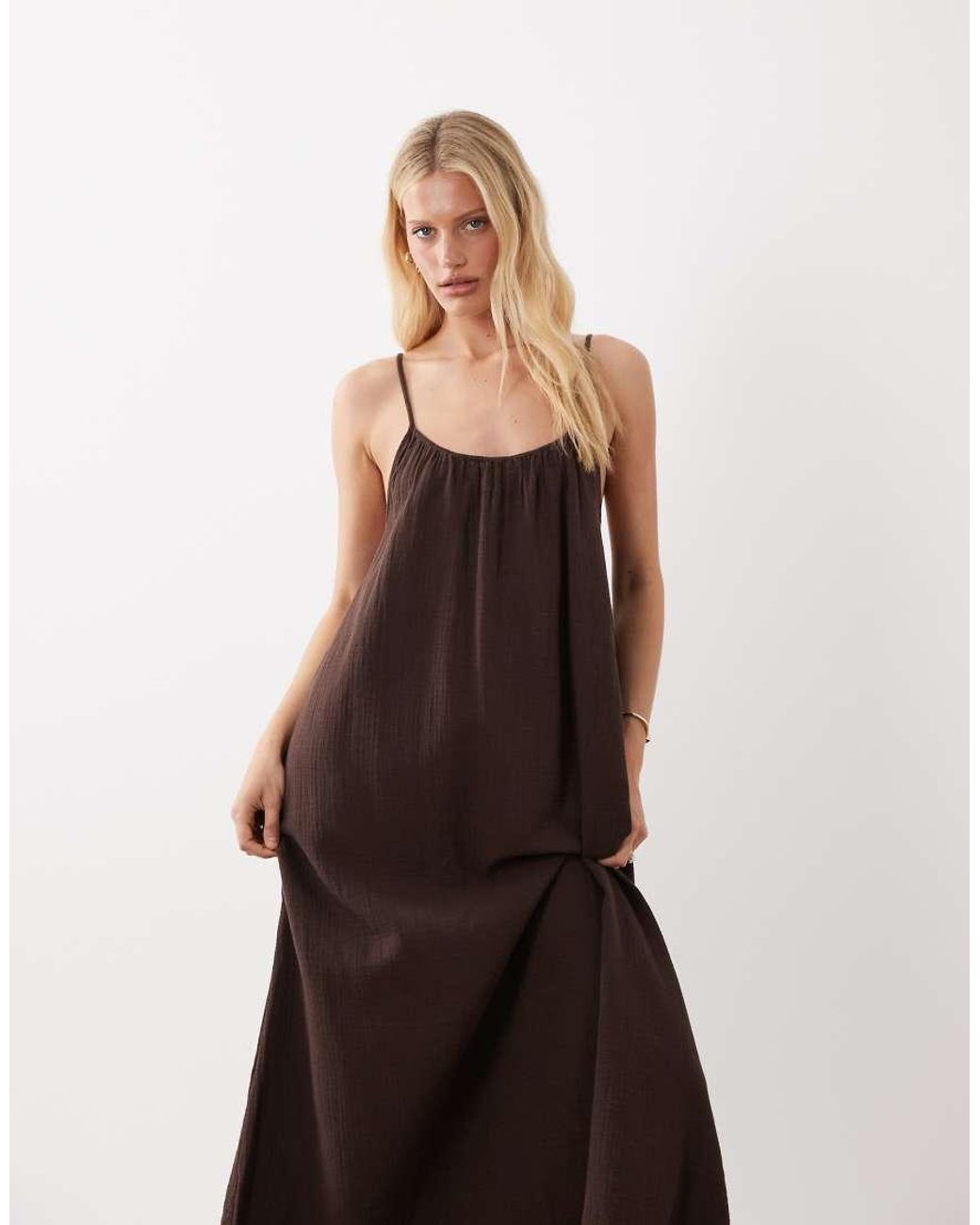 Vila Brown Crinkle Cotton Maxi Cami Slip Dress