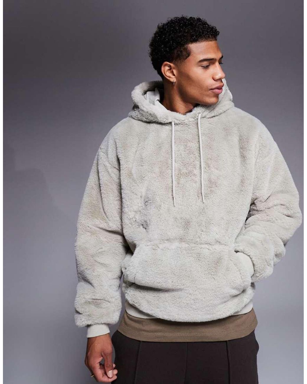 ASOS Oversized Faux Fur Hoodie in Grey for Men Lyst UK