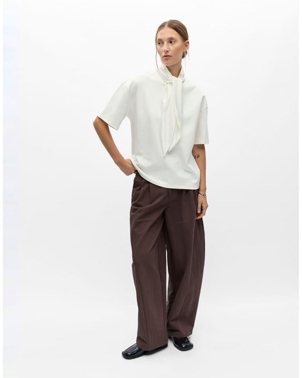 Object White Tibi Jersey Oversized High Neck 2/4 Sleeves Stretch Drop Shoulder Top