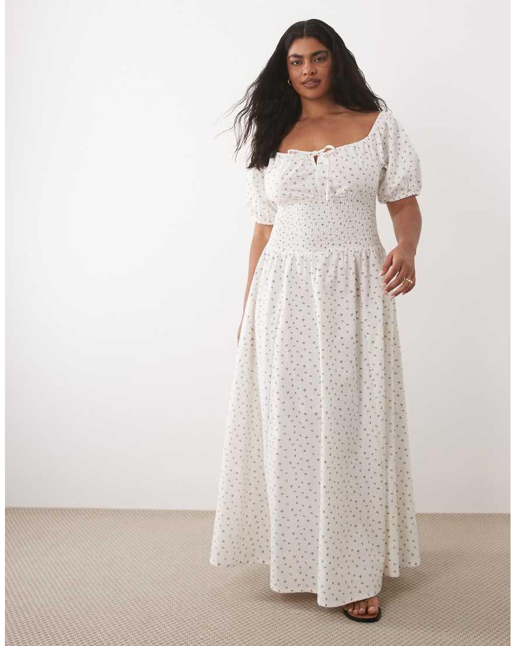 Esmee Curve White Tie Front Puff Sleeve Maxi Dress