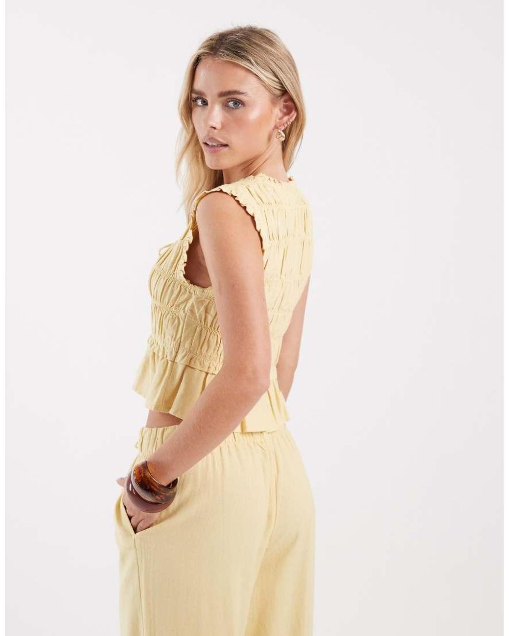 Only Petite Yellow Linen Blend Tie Front Ruched Top Co-ord