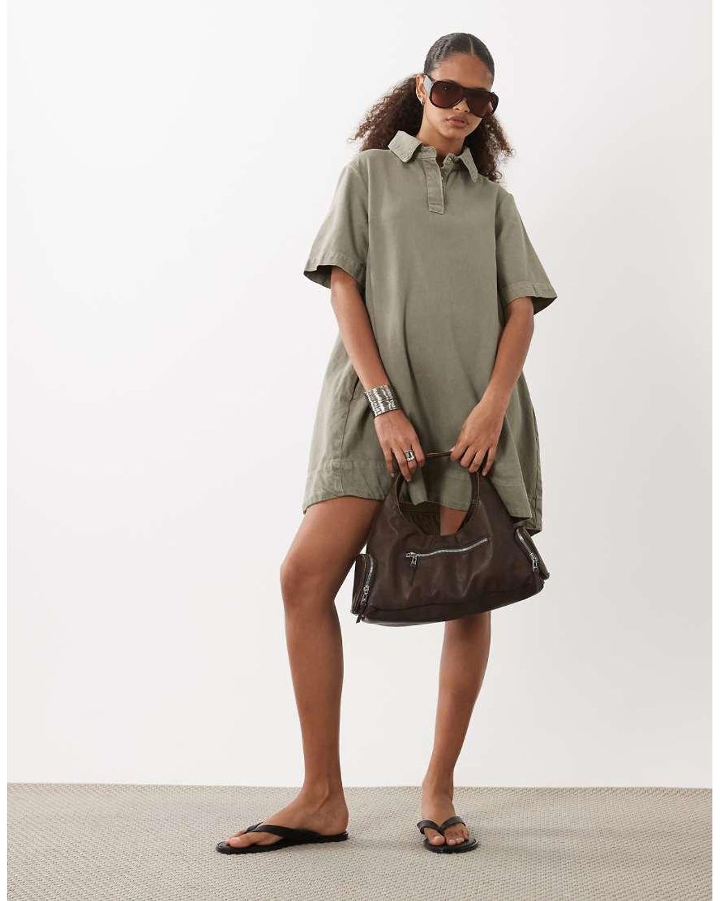 ASOS Natural Denim Swing Polo Shirt Dress
