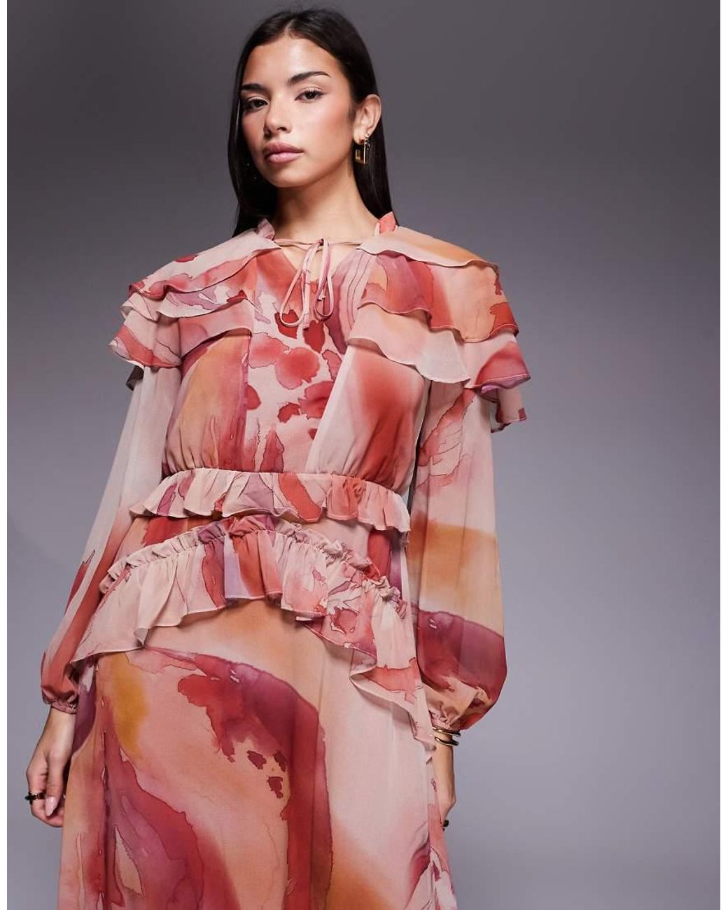 DASKA Multicolor Chiffon Ruffle Caped Maxi Dress
