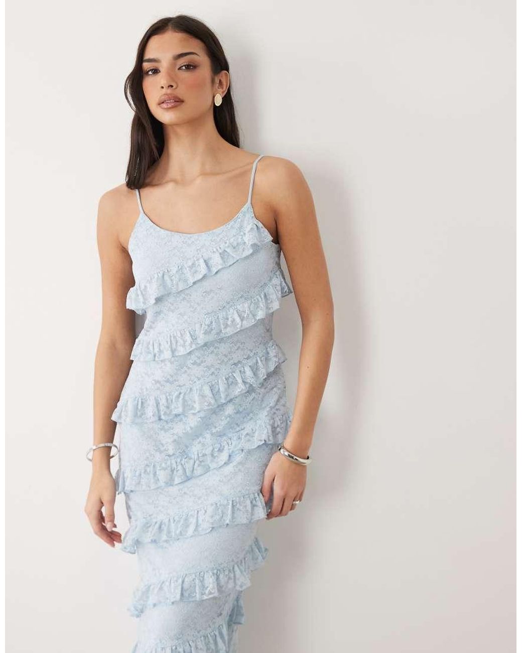 Y.A.S Blue Lace Ruffle Detail Cami Maxi Dress
