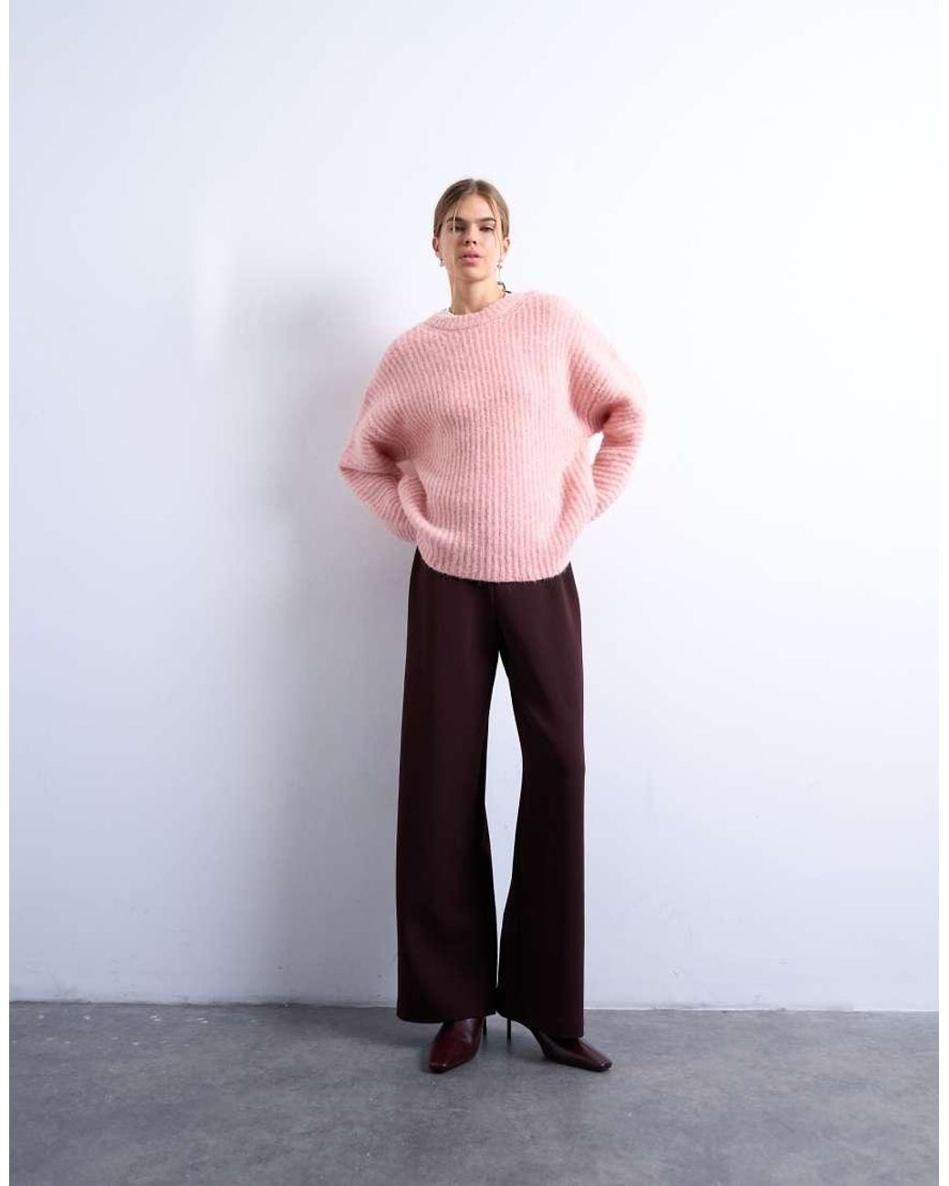 TOPSHOP Pink Knitted Ribbed Balloon Sleeve Jumper