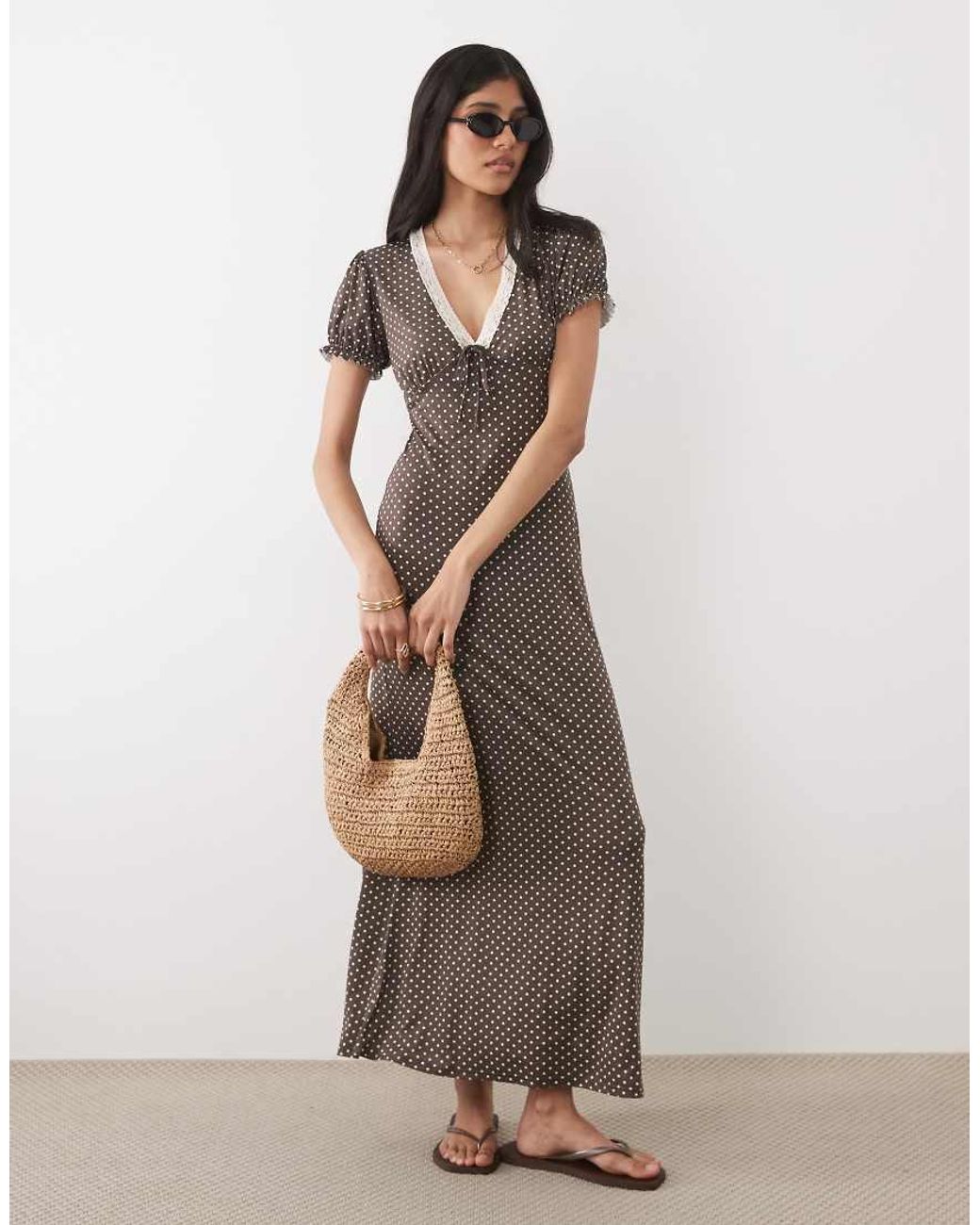 Miss Selfridge Brown V-Neck Maxi Tea Dress With Lace Trim
